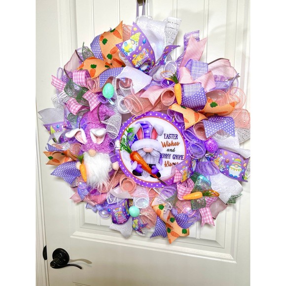 Handmade Easter Bunny Gnome Kisses Prelit Ribbon Wreath 22 in LED W13 - Picture 2 of 11